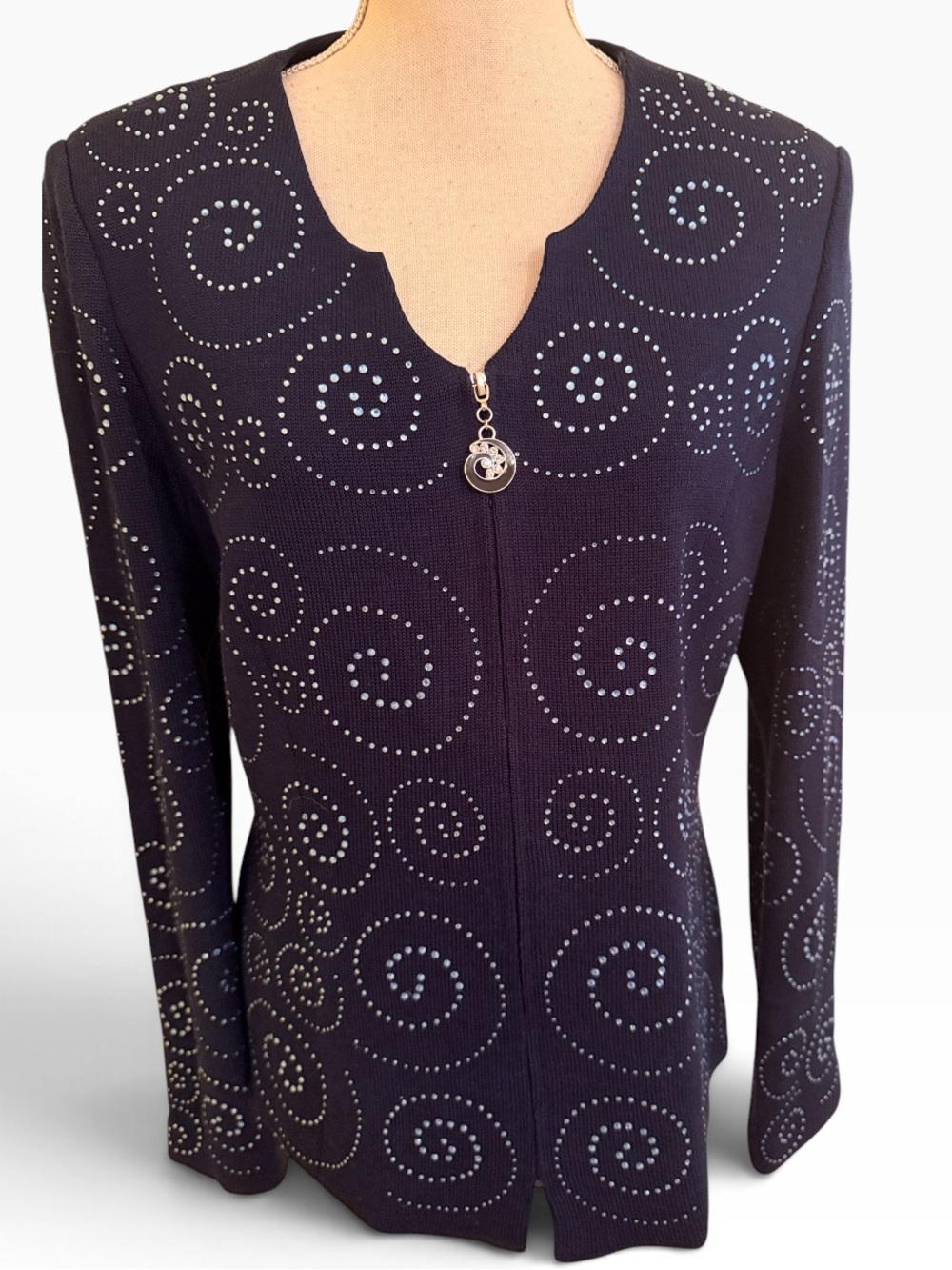 Donnavinci Knits Navy Blue Long Sleeve Zip Cardigan w/ Rhineston Spiral Detail